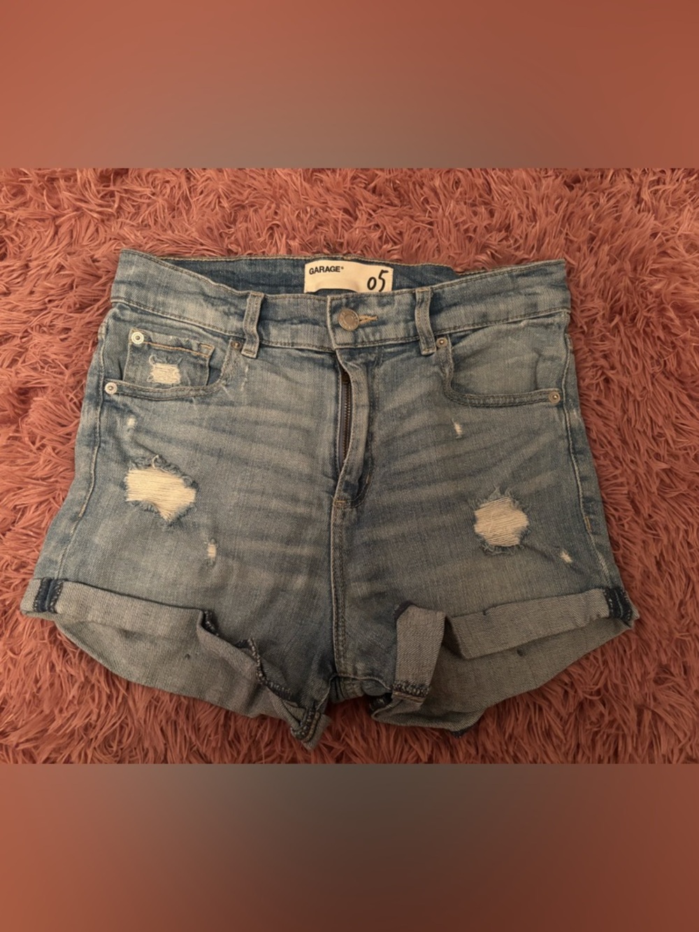 Garage Light Blue Distressed Denim Roll-Hem Shorts
